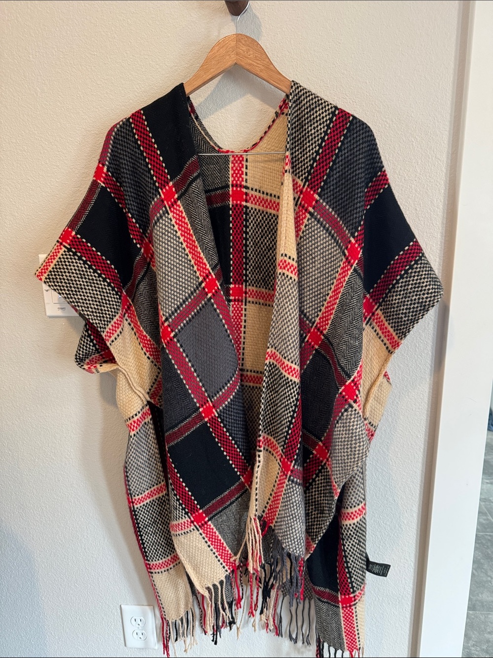Do everything in love Plaid Knit Poncho in Black, Red, Cream